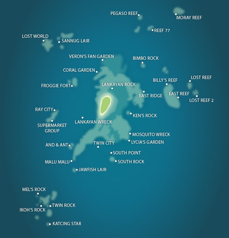 Lankayan Island map of dive sites.