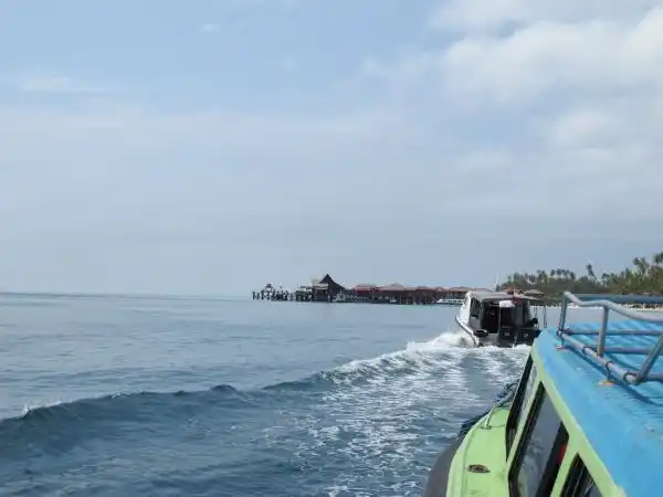 Almost there: approaching Maratua Island by boat.