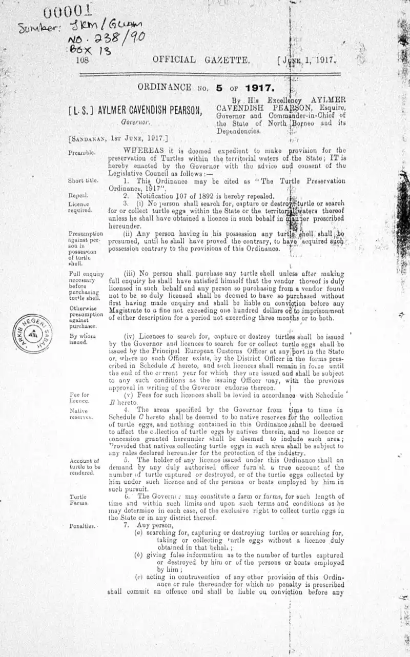 The Turtle Preservation Ordinance, 1927. From Sabah State Archives.