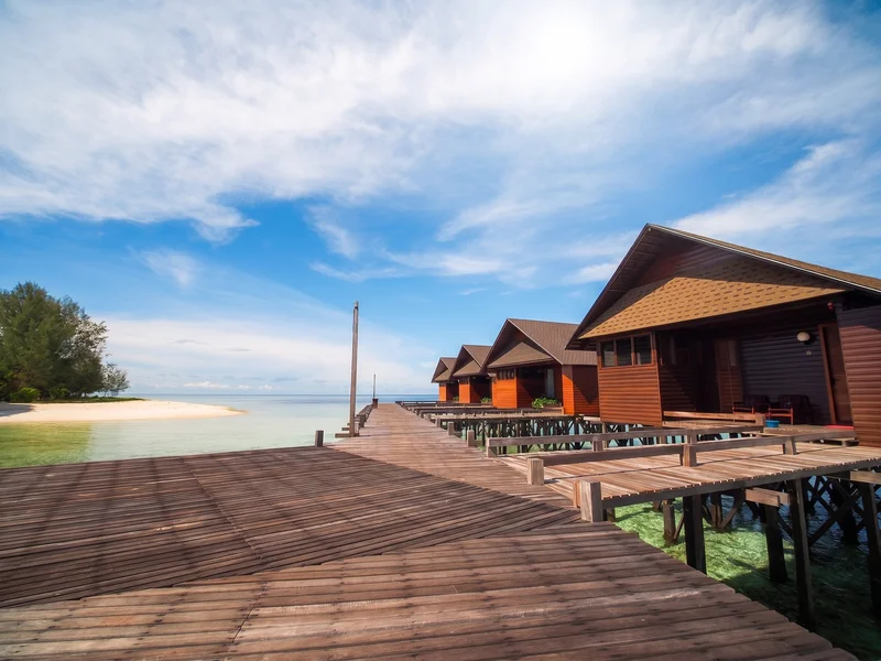 Scenic view of the Water Chalets built over the lagoon.
