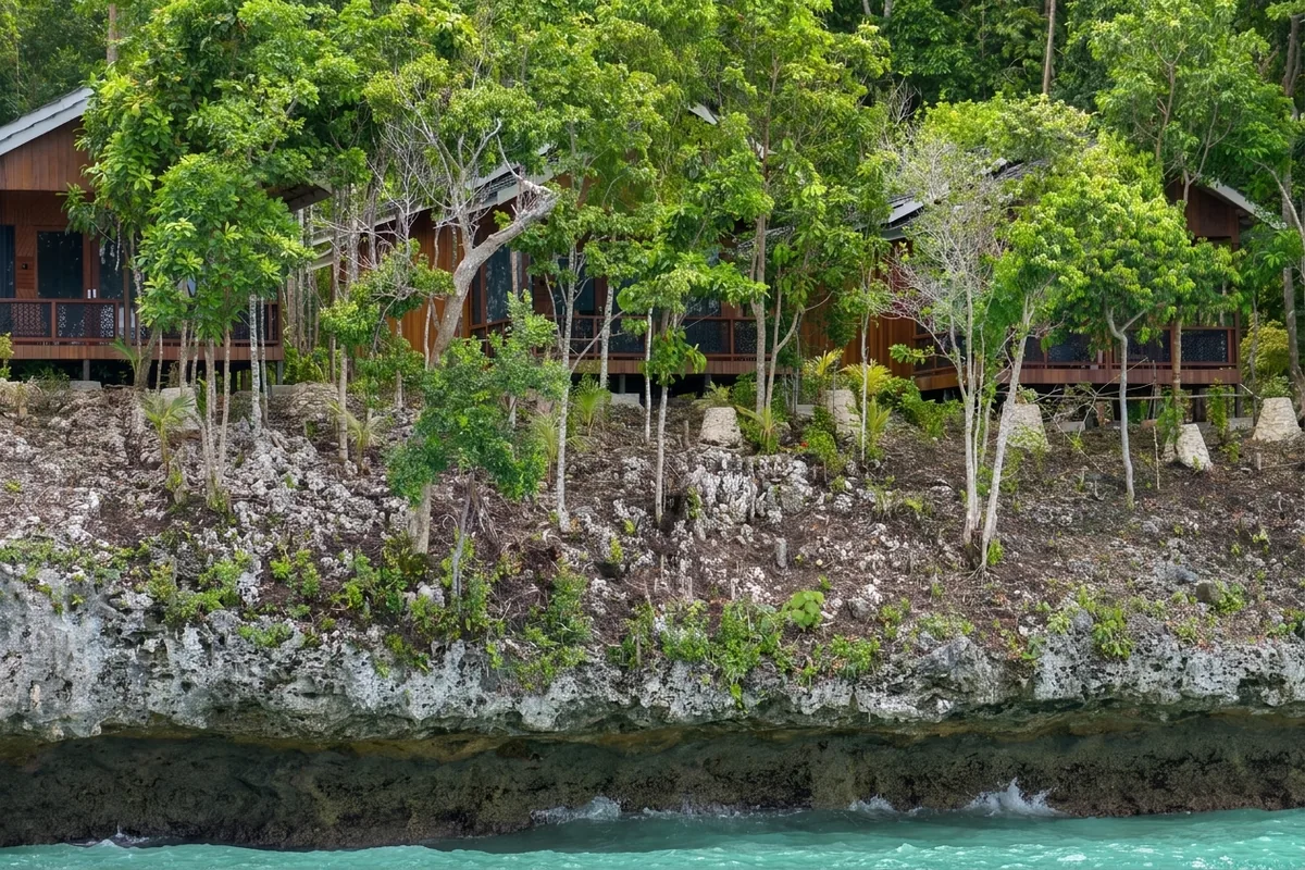 Timber chalets behind trees on the limestone coast of Maratua Island, seen from the sea.
