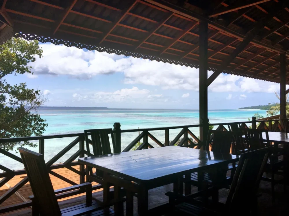 Dining area with a view of the azure expanse of the Celebes Sea.