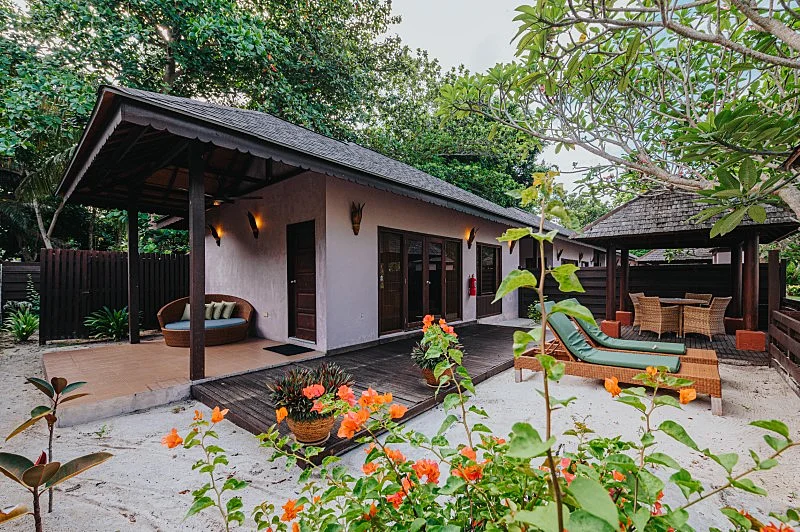 Grand exterior of the individual beach house villa residence.