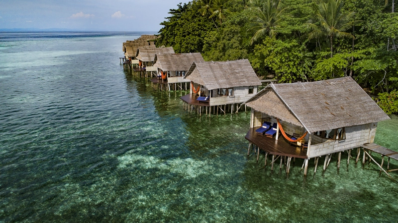 Scenic view of the over-water Superior bungalows built on stilts.