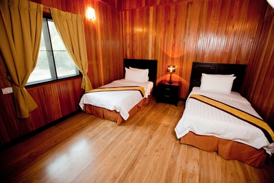 Bright and airy Garden Villa interior with warm wooden finishes.