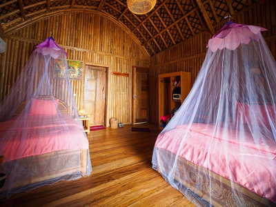 Signature bamboo interior with twin beds and a minimalist, eco-friendly design.