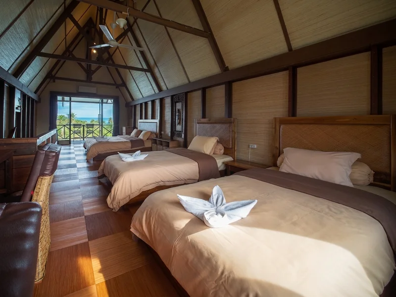 Traditionally designed interior of the over-water Kakaban Villa.