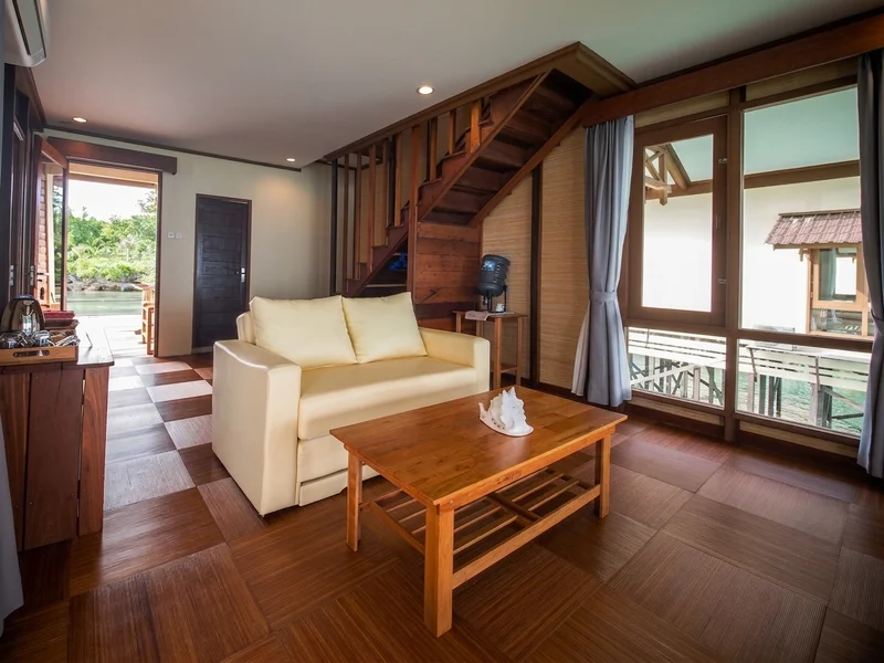 Elegant lounge area within the 112sqm over-water villa.
