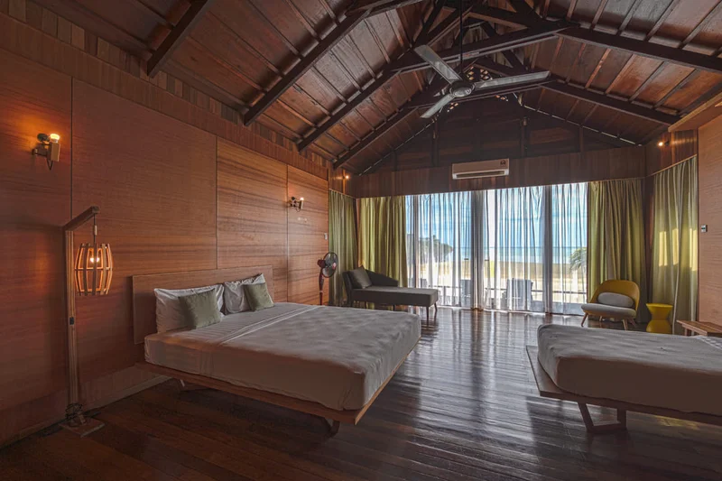 Traditional wooden interior of the over-water chalet.
