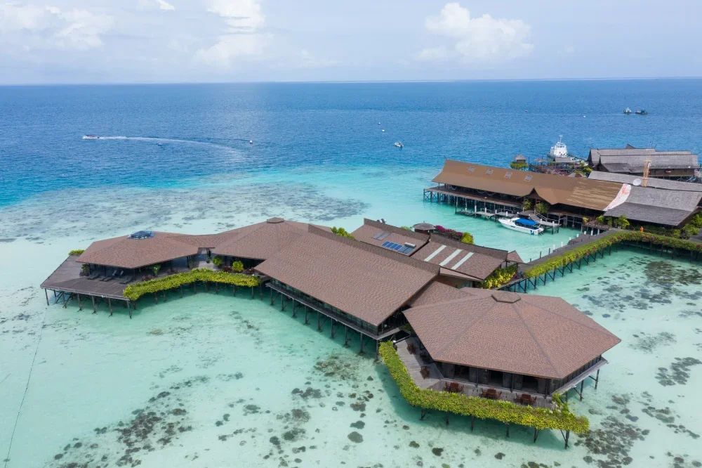 During high tides, Sipadan-Kapalai Dive Resort appears to float on the ocean surface.