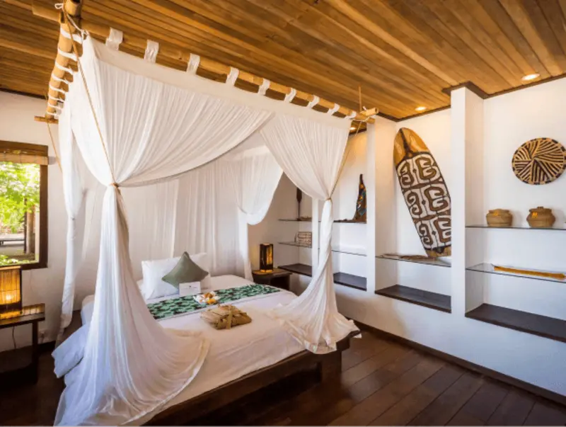 Spacious and airy interior of the Sentani beachfront cottage.